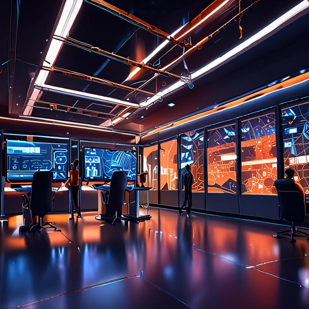 A high-tech executive dashboard displaying interconnected autonomous AI agent workflows and dynamic task delegation graphs in an enterprise operational environment.