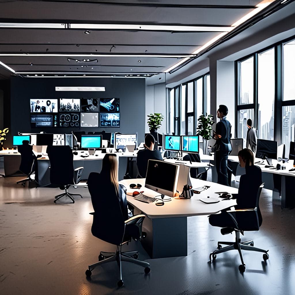 A futuristic office where AI agents enhance business automation and collaboration in 2026.