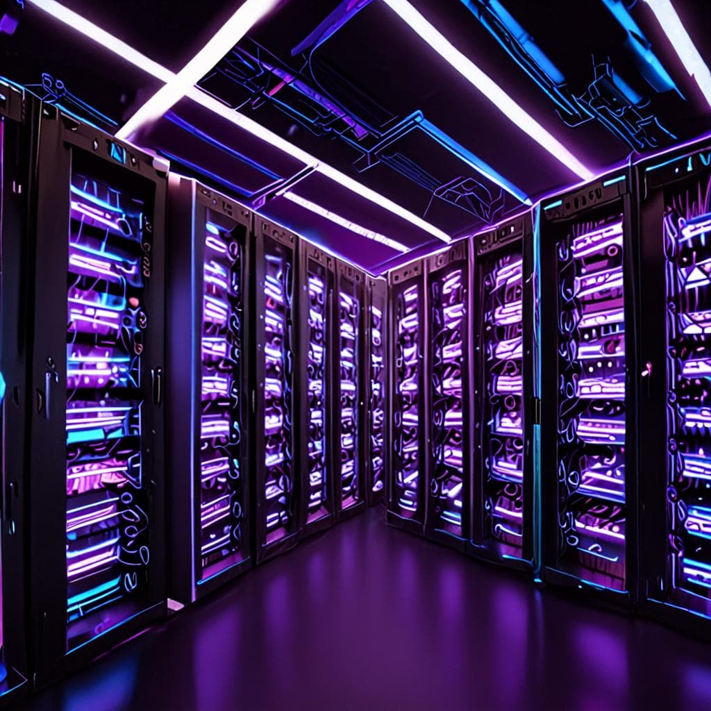 High-tech server room showcasing decentralized open-source AI infrastructure and neural processing nodes.