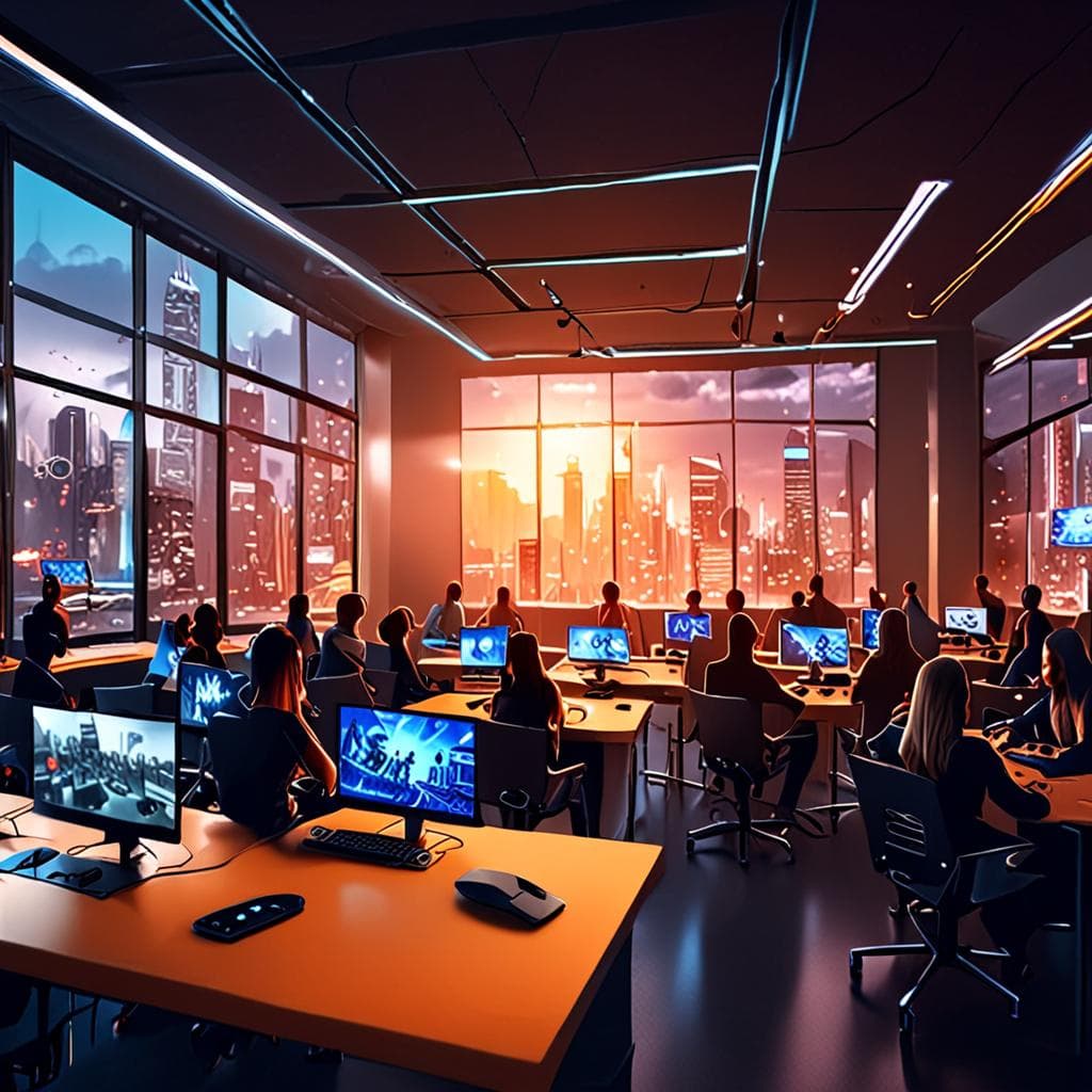 A group of students gathered around a computer, exploring a free AI tool for educational purposes, with a neural network diagram on the screen and a variety of AI-related books and devices nearby
