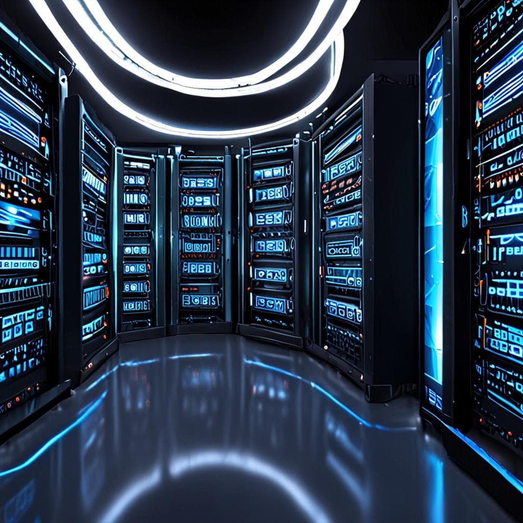 An AI-powered content creation platform, with a user interface displaying a dashboard of tools and features, surrounded by screens showing examples of AI-generated text, images, and videos, with a faint glow of circuitry and microchips in the background