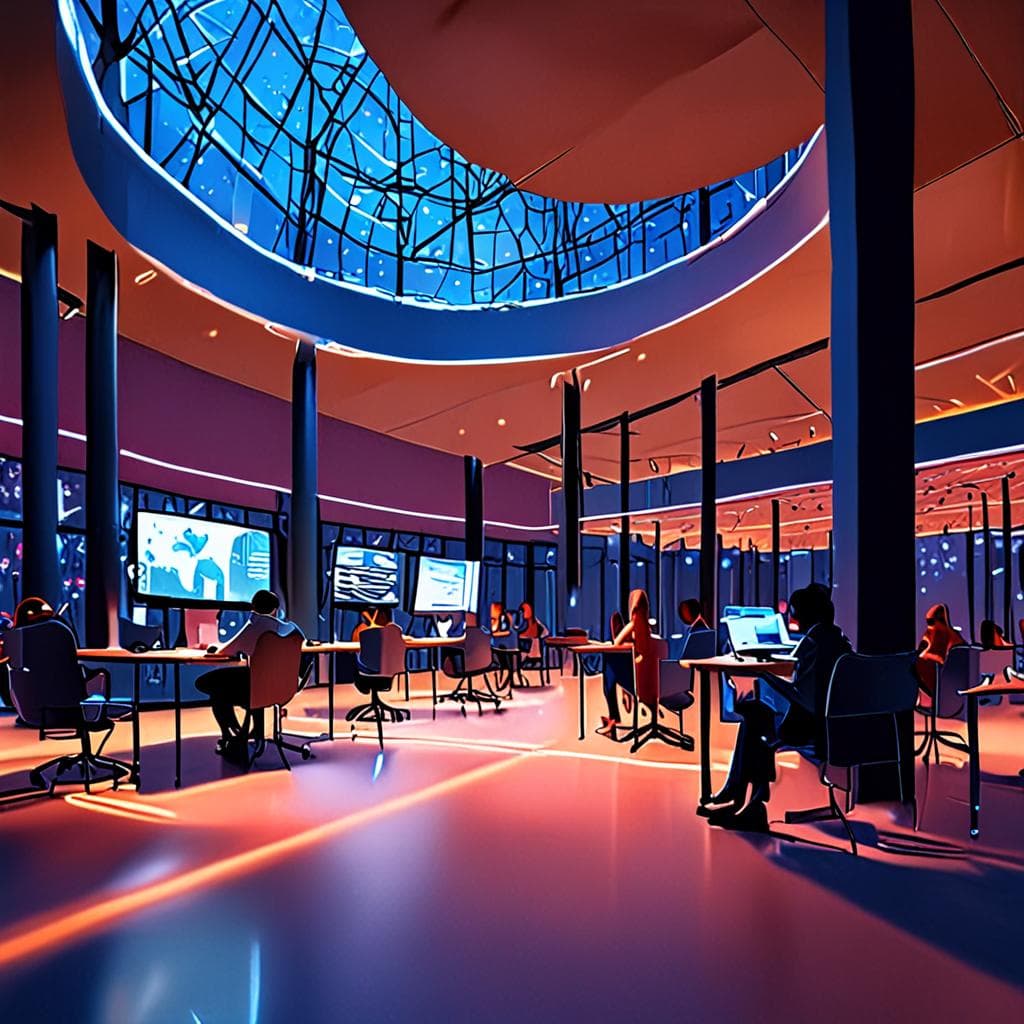 Illustration of a modern student workspace enhanced by free AI tools, showing holographic interfaces, open‑source code, and collaborative learning