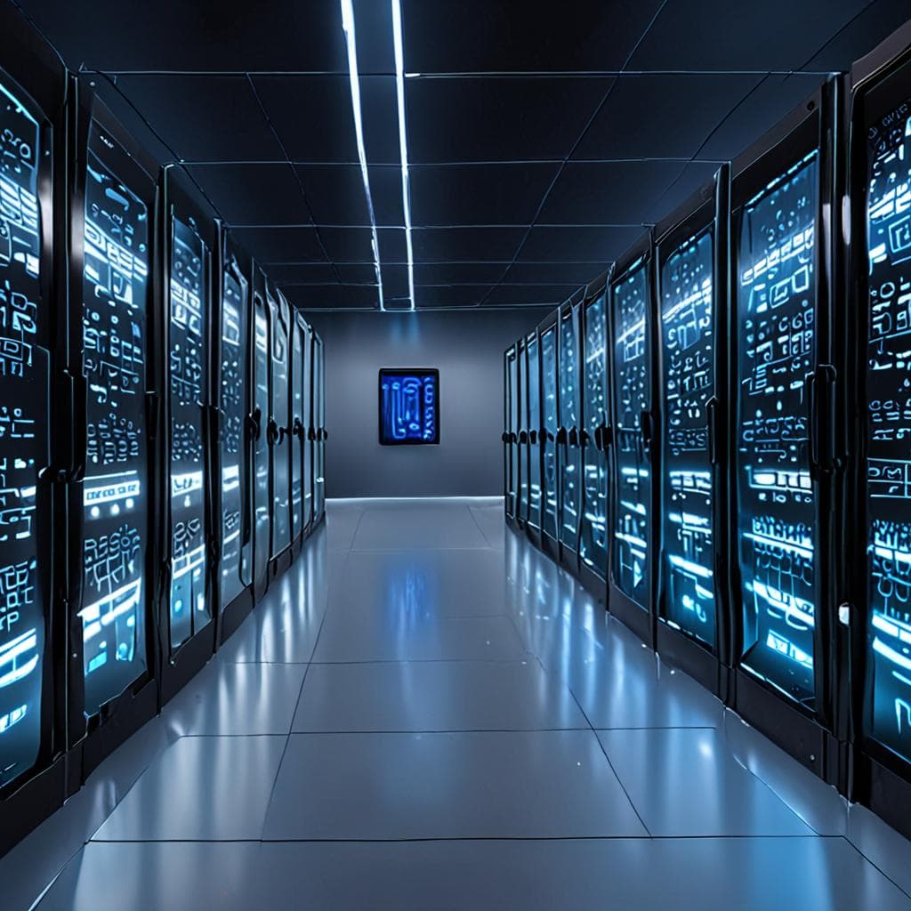 Feature image showing a futuristic AI data center with holographic elements, illustrating the core subject of mastering E‑E‑A‑T for AI‑powered websites.