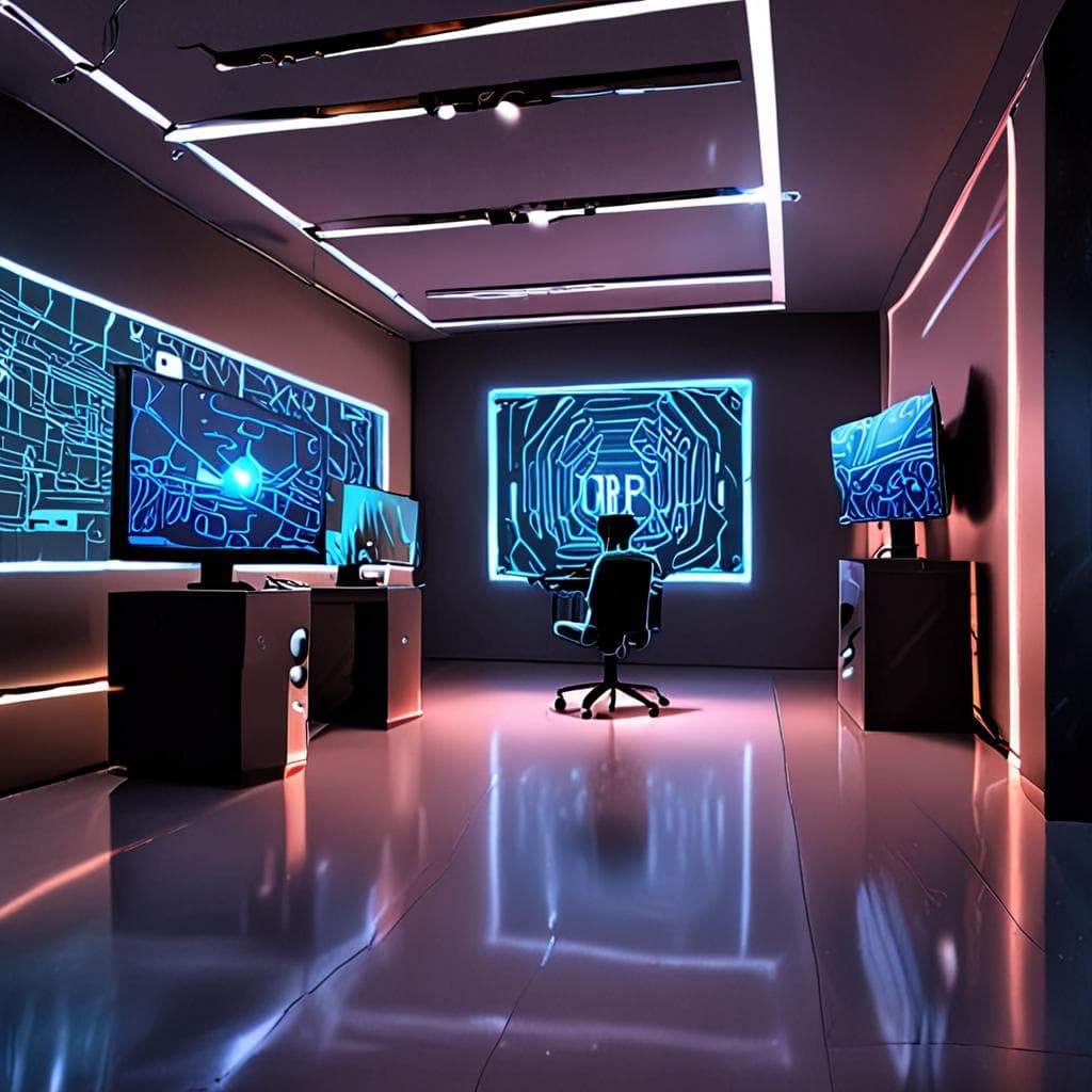 Illustration of a developer constructing an AI chatbot interface, with code snippets, LLM logos, and a shield icon symbolizing safety layers, rendered in high‑detail futuristic style.