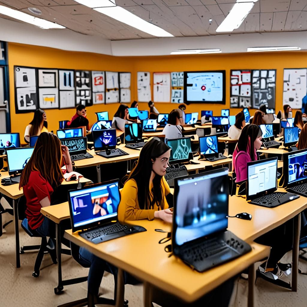 A classroom scene where students use various free AI tools to assist in their studies.