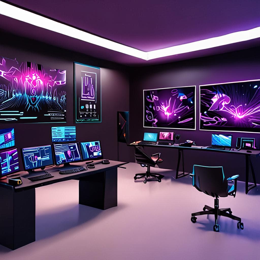 A high-tech developer workstation displaying an AI-driven interface generating web layout components, modern UI nodes, and live source code in real time.